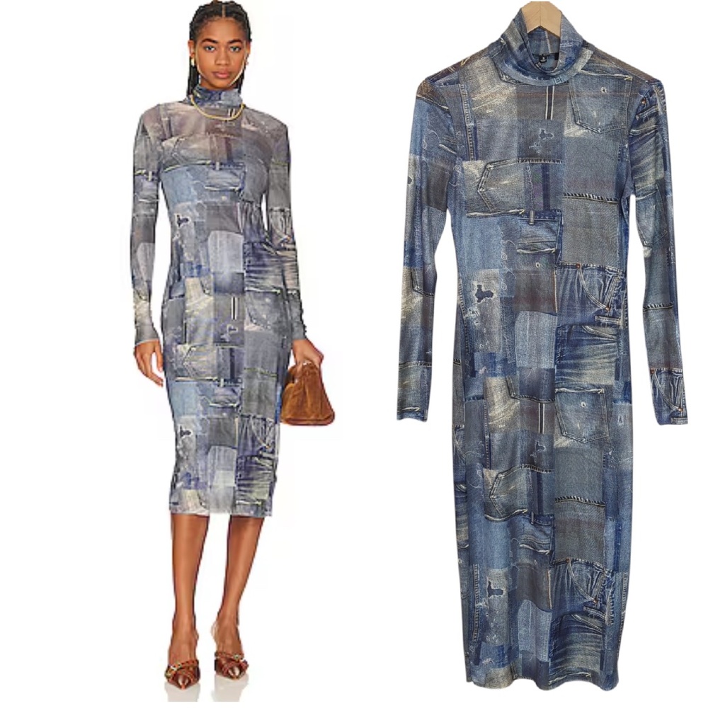 Steve Madden Vivienne Denim Print Mesh Long Dress
